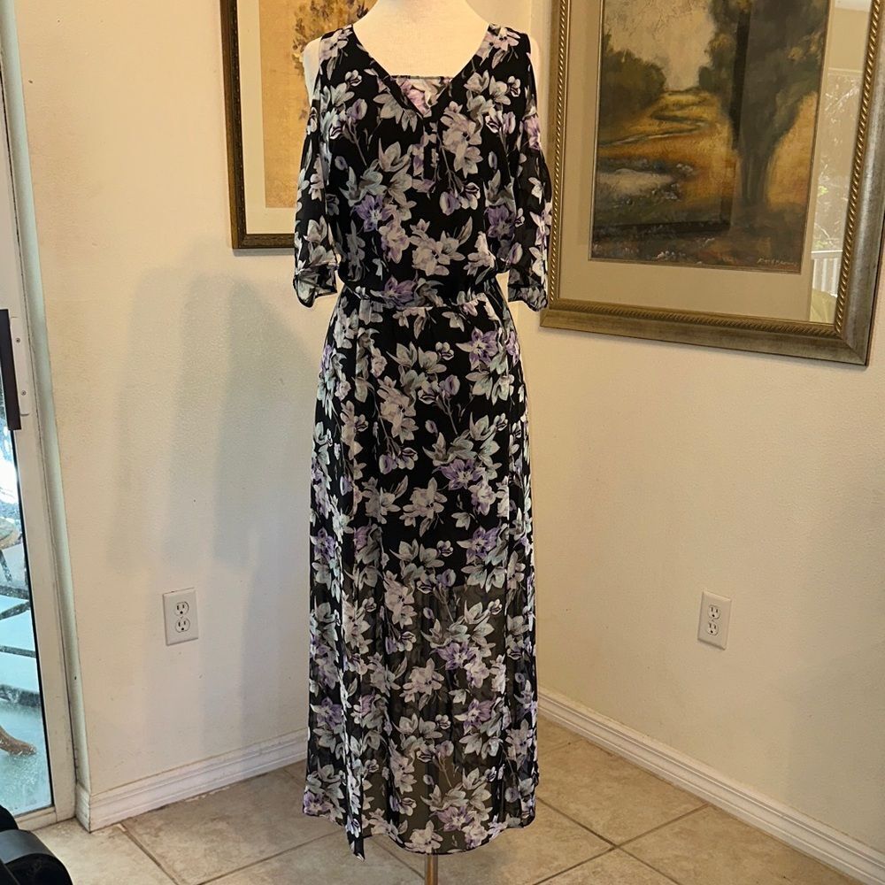 WHBM Floral Black/Purple Women's Maxi Dress Size 8